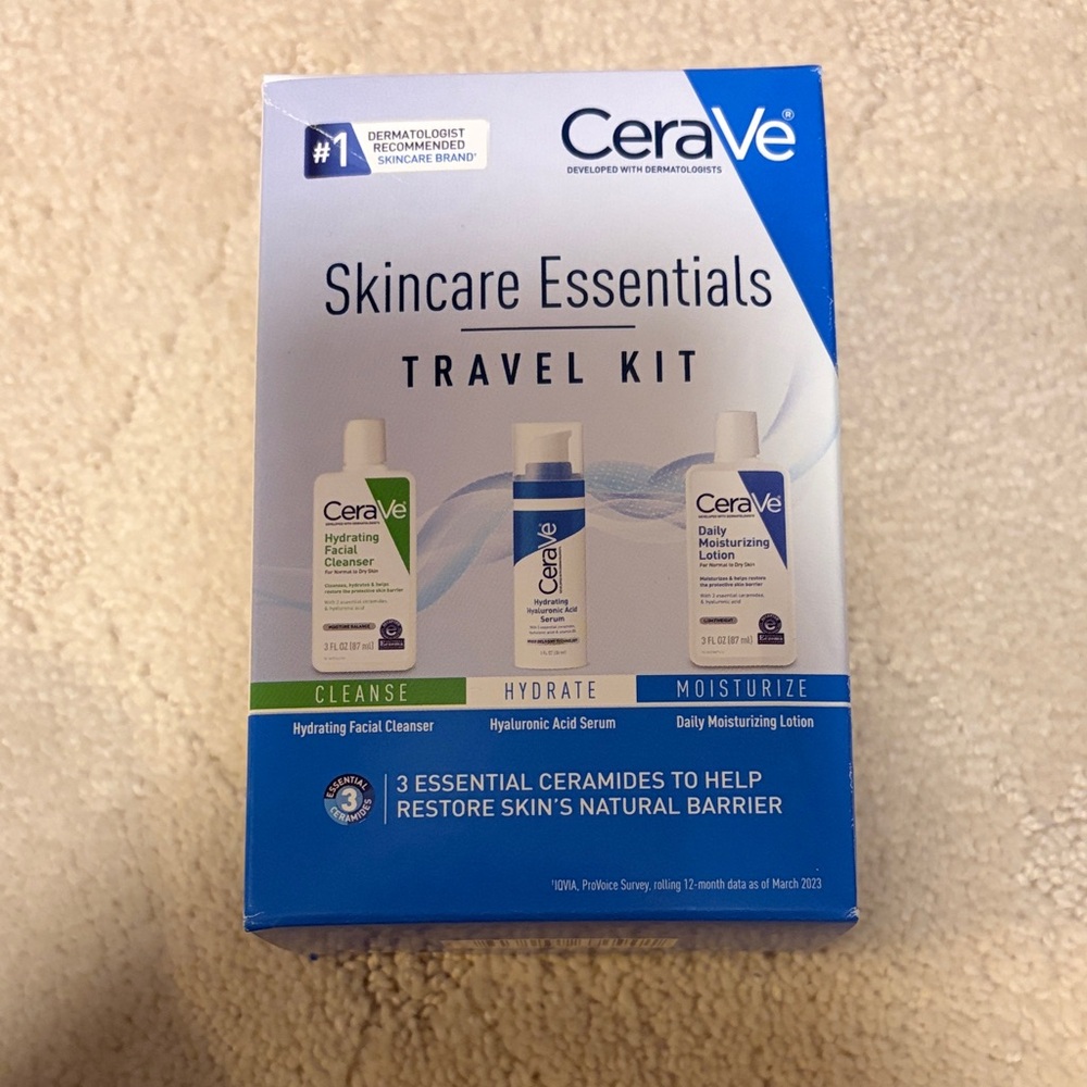 New in Box Cerave Skincare Essentials Travel Kit - Cleanser, Serum, Lotion